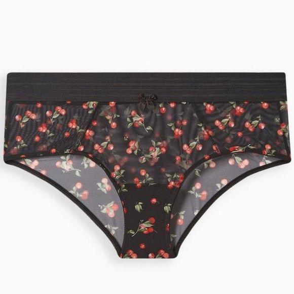 🆕️ Torrid Cherries Print Black Mesh Mid-Rise Cheeky Panty - Picture 1 of 6
